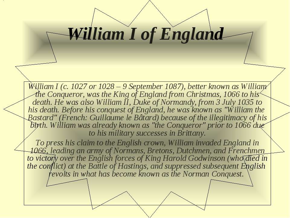 William I of England Учебники, Презентации и Подготовка к Экзаменам для Школьников на Klass-Uchebnik.com