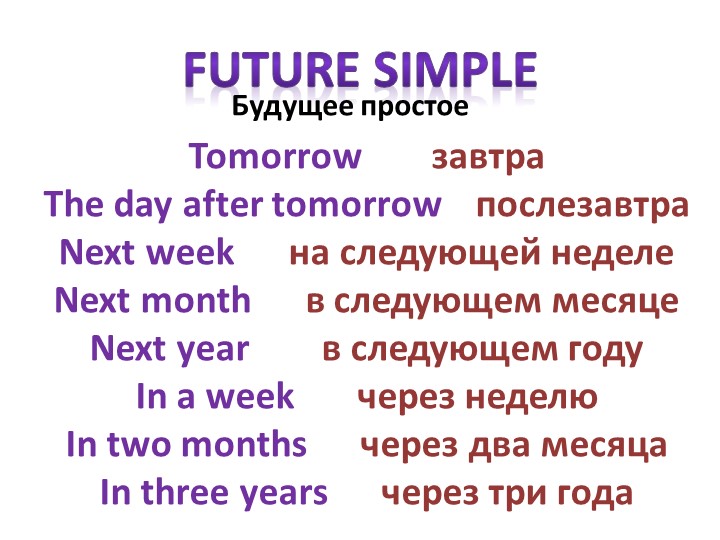Презентация по английскому языку на тему "fFuture Simple Tense" Учебники, Презентации и Подготовка к Экзаменам для Школьников на Klass-Uchebnik.com