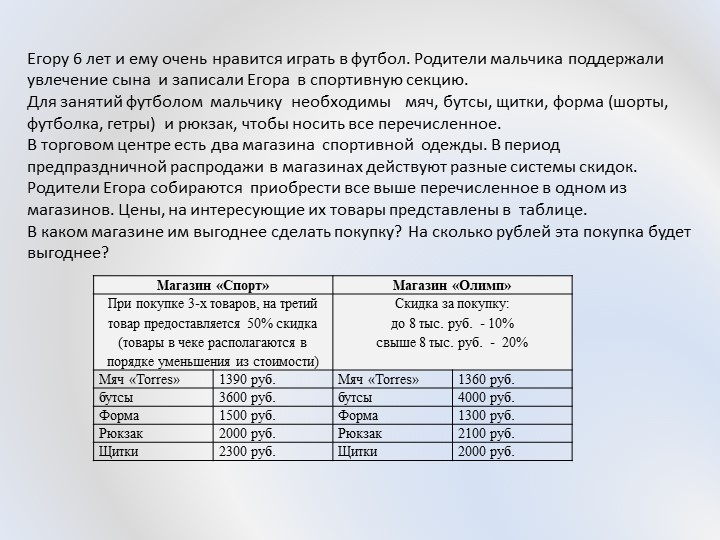 Презентация "Проценты. Нахождение процентов от числа"__Задача_МГ_5_Спортивное обмундирование - Учебники, Презентации и Подготовка к Экзаменам для Школьников на Klass-Uchebnik.com