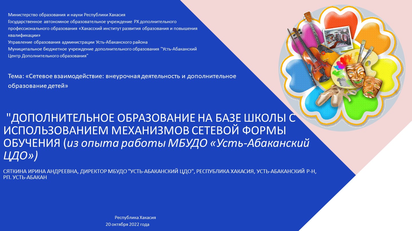 ДОПОЛНИТЕЛЬНОЕ ОБРАЗОВАНИЕ НА БАЗЕ ШКОЛЫ С ИСПОЛЬЗОВАНИЕМ МЕХАНИЗМОВ СЕТЕВОЙ ФОРМЫ ОБУЧЕНИЯ (из опыта работы МБУДО «Усть-Абаканский ЦДО») - Учебники, Презентации и Подготовка к Экзаменам для Школьников на Klass-Uchebnik.com