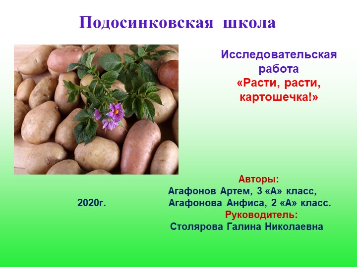 Презентация МОУ Подосинковская сош Агафоновы Расти, расти, картошечка!.ppt Учебники, Презентации и Подготовка к Экзаменам для Школьников на Klass-Uchebnik.com